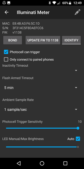 Illuminati Light meter Android app device settings screen 