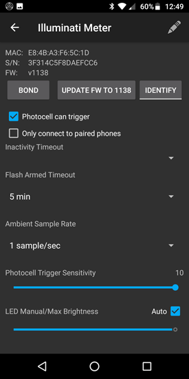 DeviceSettings Illuminati Light meter Android app device settings screen
